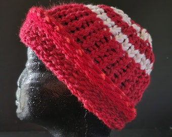 Hand knitted hat, snowboarding beanie, medium, striped, red, white, orange, LOAF