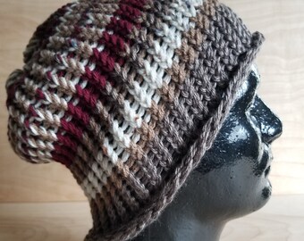 pink striped LOAF Hand knitted hat blue medium cyclist beanie