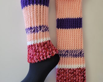 Hand knitted leg warmers, ice skating, stripped, pink, purple, red, LOAF