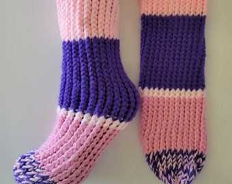 Hand knitted socks, gardening sox, striped, white, purple, pink, LOAF