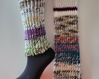 Hand knitted leg warmers, yoga, striped, white, purple, ivory, tan, gray, pink, blue, brown, green, yellow, LOAF