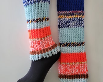 Hand knitted leg warmers, yoga, striped, red, white, blue, tan, yellow, orange, LOAF