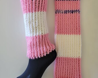 Hand knitted leg warmers, yoga, striped, pink, purple, white, LOAF