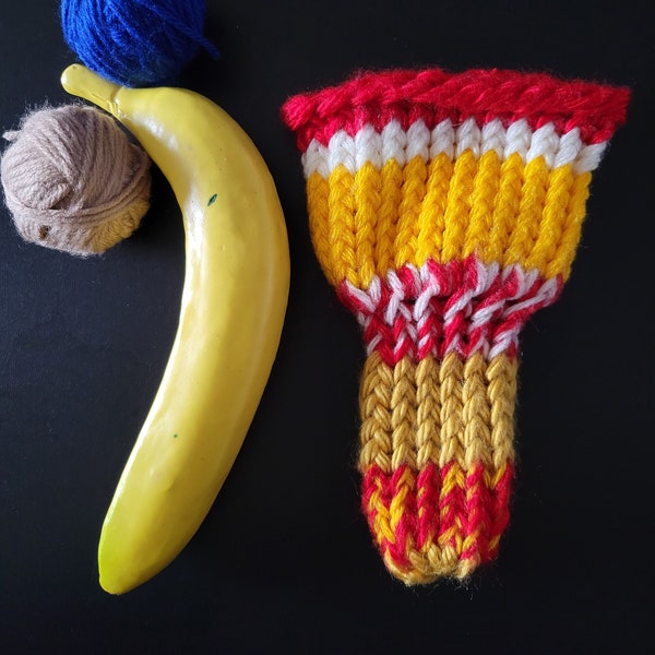 Hand knitted penis sweater, cock sock, underwear, striped, red, white, yellow, LOAF