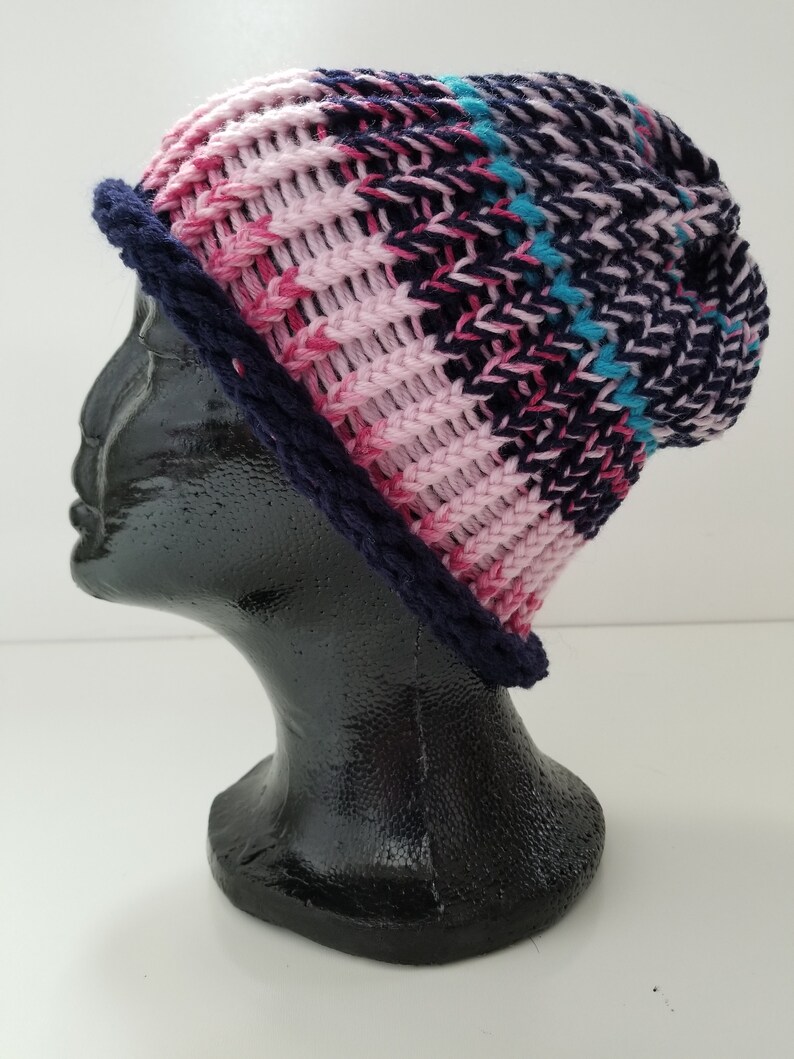 pink striped LOAF Hand knitted hat blue medium cyclist beanie