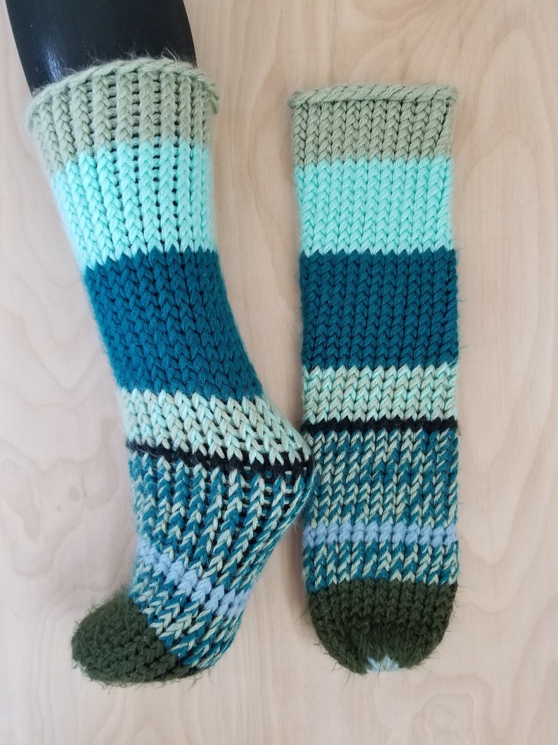 striped LOAF hospital sox black get well soon green Hand knitted socks blue