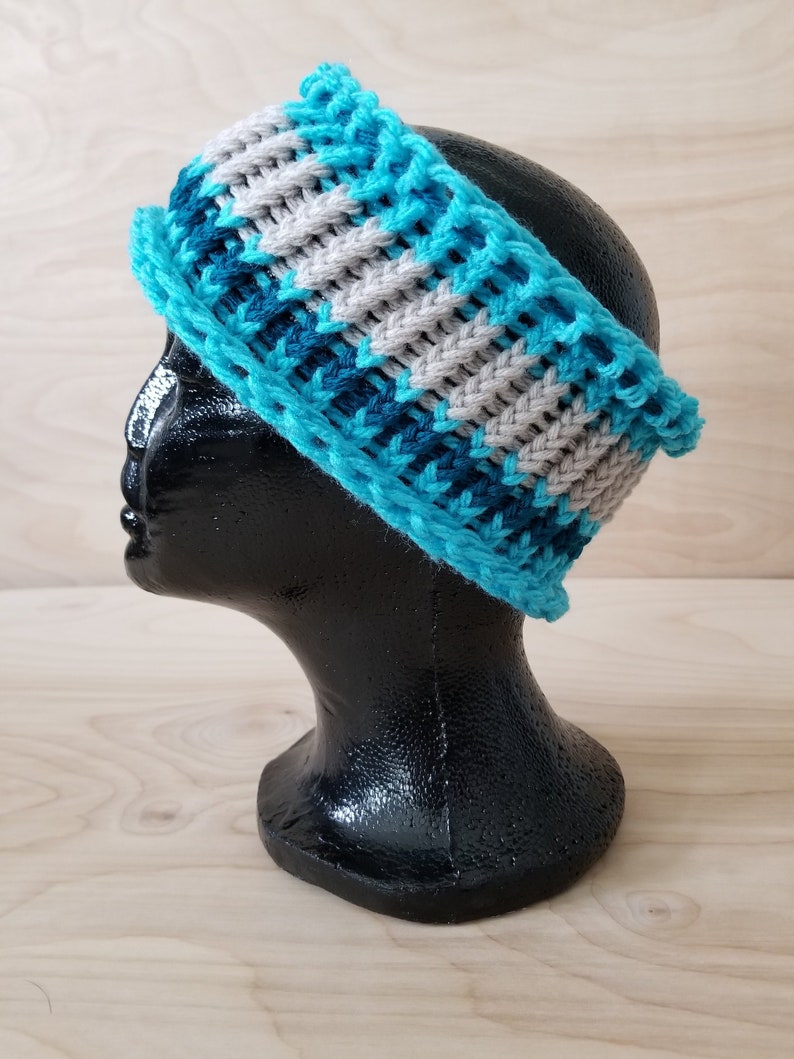 Hand knitted ear warmer blue tan teal striped dreads band LOAF