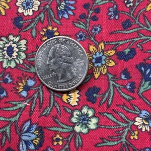 Könnte beinhalten: Eine Vierteldollar-Münze liegt auf einem roten Stoff mit floralem Muster. Der Stoff hat ein sich wiederholendes Muster aus blauen, gelben und weißen Blumen und grünen Blättern. Die Münze zeigt das Profil von George Washington.