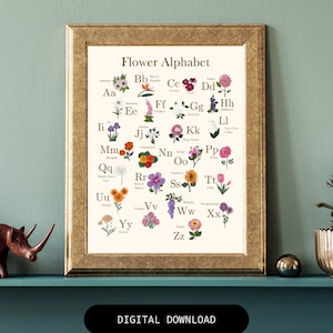 Cartel del alfabeto de flores / Estampado floral I Alfabeto floral / Arte floral de la pared / Arte botánico / Descarga digital / Arte colorido del vivero