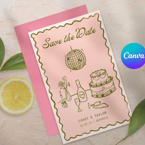 SALVA LA DATA / Ravello Suite / Modello modificabile Canva / Illustrazione stampabile colorata, divertente, unica, retrò, alla moda, ondulata e stravagante
