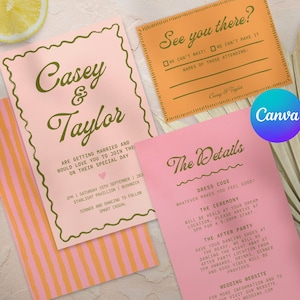 May include: Wedding stationery set featuring pink invitations with green text, including the names "Casey & Taylor." An orange RSVP card with the text "See you there?" is also present. The Canva logo is visible. The invitations are in cm.