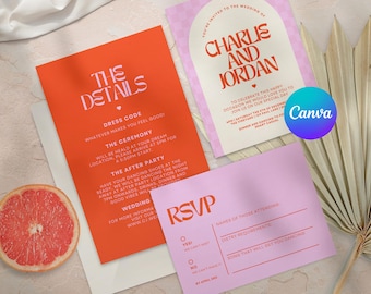 May include: A collection of wedding stationery featuring an orange details card, a pink RSVP card, and a pink and white invitation. The invitation reads "Charlie and Jordan" with event details. A Canva logo is visible.