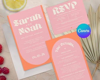 May include: Pink and orange wedding invitation suite with the names "Sarah and Noah" in a retro font. Includes RSVP and details cards. The date 01.25.24 is printed on the invitation. A Canva logo is visible.