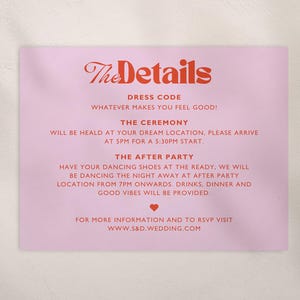CARTE DE DÉTAILS DU MARIAGE | Suite Amoureux | Modèle modifiable Canvas | Faire-part coloré, amusant, cool, unique, minimal, rétro, tendance, tendance, années 70, impression