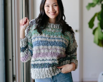 Saturday Sweater PATTERN, Knit Sweater Pattern, Stripe Knit Sweater, Knitting Patterns for Women, Chunky Yarns, Sweater Pattern