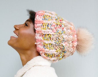 Knitting Pattern // Knit Hat Pattern ~ Pom Pom Knit Hat, Knitting, Intermediate Knitting Pattern, Brioche Knitting, Bulky Chunky Yarns