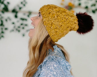 Knitting Pattern // Knit Cable Hat ~ Pom Pom Knit Hat, Beginner to Intermediate Knitting Pattern, Cables Knitting, Bulky Chunky Yarns,