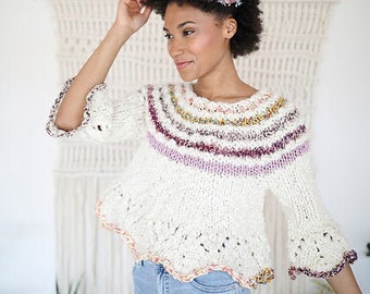 Spring Fling Sweater PATTERN, Knit Sweater Pattern, Lace Knit Sweater, Knitting Patterns for Women, Chunky Yarns, Sweater Pattern
