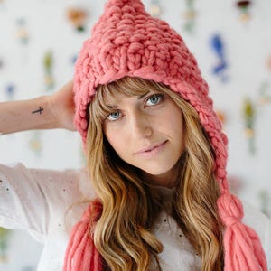 Free Bird Hoodie Hat Knitting Pattern Simple Seed Stitch Hat Pattern for Knitting in Super Bulky Yarn Tassels image 1