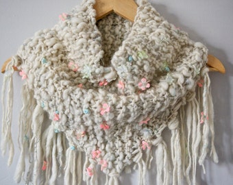 Keep Me Cozy Fringe Cowl ~ Knitting Pattern for Art Yarn and Bulky Yarns ~ Warm, Cozy Cowl Pattern ~ Bandana Triangle Shape