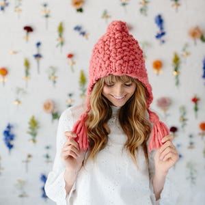 Free Bird Hoodie Hat Knitting Pattern Simple Seed Stitch Hat Pattern for Knitting in Super Bulky Yarn Tassels image 4