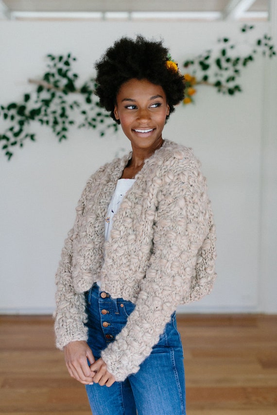 Sleeve Cardigan Knitting Crochet Bobble Stitch Cropped Bobble