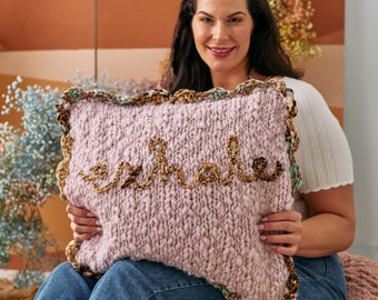 The Think Up Pillow Pattern ~ Brioche and Embroidery Knitting Pattern ~ Bulky Handspun Yarn Pillow Pattern