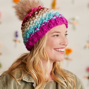 Over the Rainbow Hat Knit Pattern ~ Pom Pom Knit Hat, Beginner to Intermediate Knitting Pattern, Seed Stitch Knit Hat, Bulky Chunky Yarns