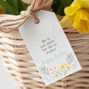 Ha resucitado, Etiqueta de regalo de Pascua, Versículo bíblico cristiano Mateo 28:6, Descarga digital, PDF