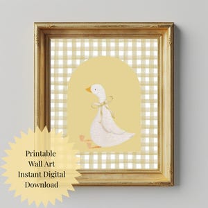 Yellow Gingham Goose With Bow Printable Wall Art Print for Nursery, Children&#39;s Room, Baby Shower Country Cottage Decor, Digital Download PDF