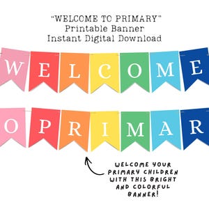 May include: A vibrant, rainbow-coloured banner reading "WELCOME TO PRIMARY" on individual flags. The text is white. The banner is designed for a classroom or school setting. The image also includes the text "WELCOME YOUR PRIMARY CHILDREN WITH THIS BRIGHT AND COLORFUL BANNER!"