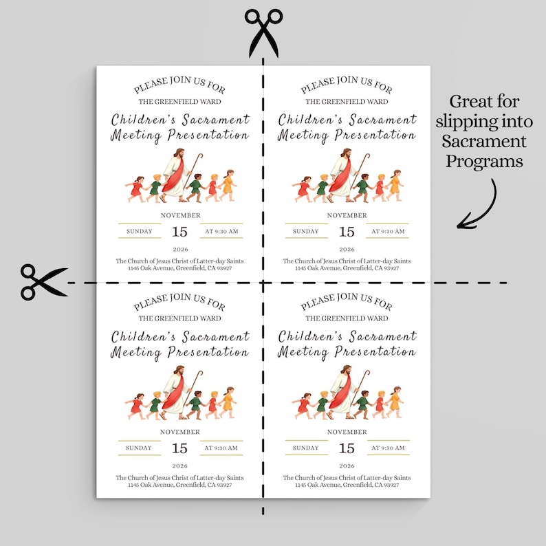 May include: A printable sheet containing four identical invitations for a Children's Sacrament Meeting Presentation. Each card features an illustration of a figure in a robe leading children, with text including date, time, and location details.