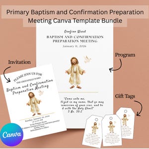 Pode incluir: Um pacote de modelos Canva para uma reunião de preparação para o batismo e confirmação. O pacote inclui um convite, um programa e etiquetas de presente. O convite é branco com texto e uma ilustração de Jesus.