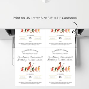 May include: Four identical invitation cards printed on 21.59 cm by 27.94 cm cardstock. Each card features an illustration of a figure in a red robe walking with children, with text reading: Please join us for the Greenfield Ward Children's Sacrament Meeting Presentation, Sunday, November 15, 2026, at 9:30 AM, The Church of Jesus Christ of Latter-day Saints, 1145 Oak Avenue, Greenfield, CA 93927.