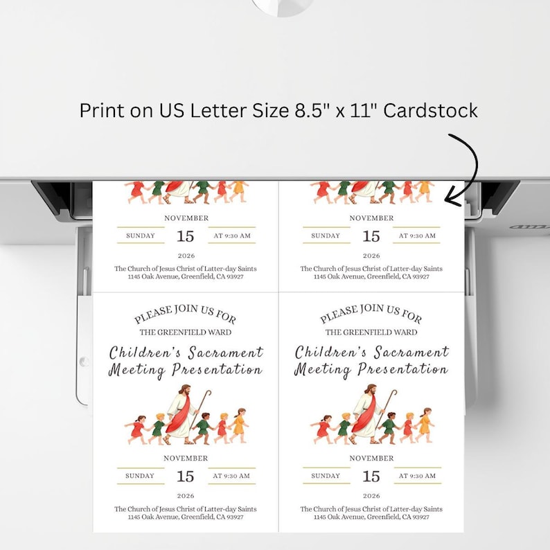 May include: Four identical invitation cards printed on 21.59 cm by 27.94 cm cardstock. Each card features an illustration of a figure in a red robe walking with children, with text reading: Please join us for the Greenfield Ward Children's Sacrament Meeting Presentation, Sunday, November 15, 2026, at 9:30 AM, The Church of Jesus Christ of Latter-day Saints, 1145 Oak Avenue, Greenfield, CA 93927.