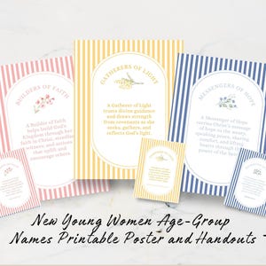 Può includere: Poster e volantini stampabili con i titoli "Costruttori di fede", "Raccoglitori di luce" e "Messaggeri di speranza". Ogni poster ha uno sfondo a righe in rosa, giallo e blu, con accenti floreali e testo ispiratore. Il testo "Nuovi nomi di gruppo di età per giovani donne stampabili" è in basso.