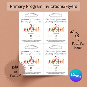 May include: Four identical invitation flyers arranged on a page, each featuring the text Please Join Us For The Greenfield Ward Children's Sacrament Meeting Presentation, Sunday November 15 2026 at 9:30 AM, with an illustration of a figure leading children.
