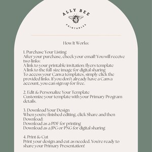 May include: An arched informational graphic with a sage green background and cream centre. It features a bee logo and the text Ally Bee Printables, followed by instructions on how to purchase, edit, download, and print a digital template.