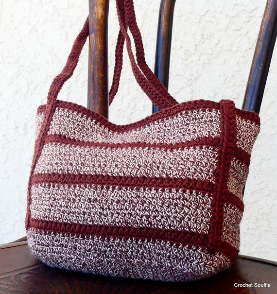Crochet Shopper Bag: Striped Heather Brown Cotton Yarn  display picture 1