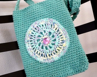 Crossbody Handbag Embellished Purse Mint Green, 100% Cotton Yarn Crocheted Fashion Purse, FREE US SHIPPING, Crochet Souffle
