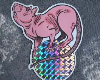 Nude Rat on Holo Orb Sticker, Rat Die Cut Sticker, 4x4.5"