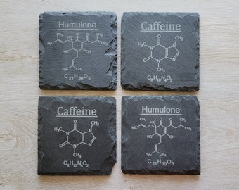 Engraved Molecule Slate Coasters, Caffeine = Coffee, Humulone = Beer Hops, Set of 4, Mix and Match