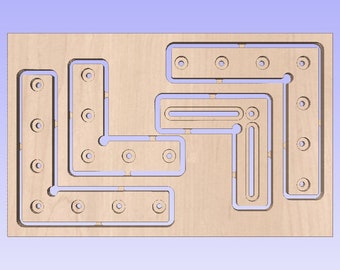 May include: A wooden board with a cut-out design of a maze. The maze is made up of several L-shaped sections with circular holes cut out.
