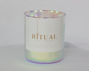Full Moon Candle, Rosewood Amber Scent, Rose Quartz or Moonstone (12oz)