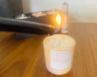 Full Moon Candle, Rosewood Amber, with Rose Quartz of Moonstone Crystal (2.5oz)