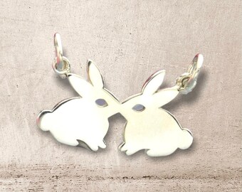 Sterling Silver Kissing Rabbits Charm, Bunnies, Motherhood, Anniversary Gift, Mothers Day, Dainty Festoon, Animal Lover