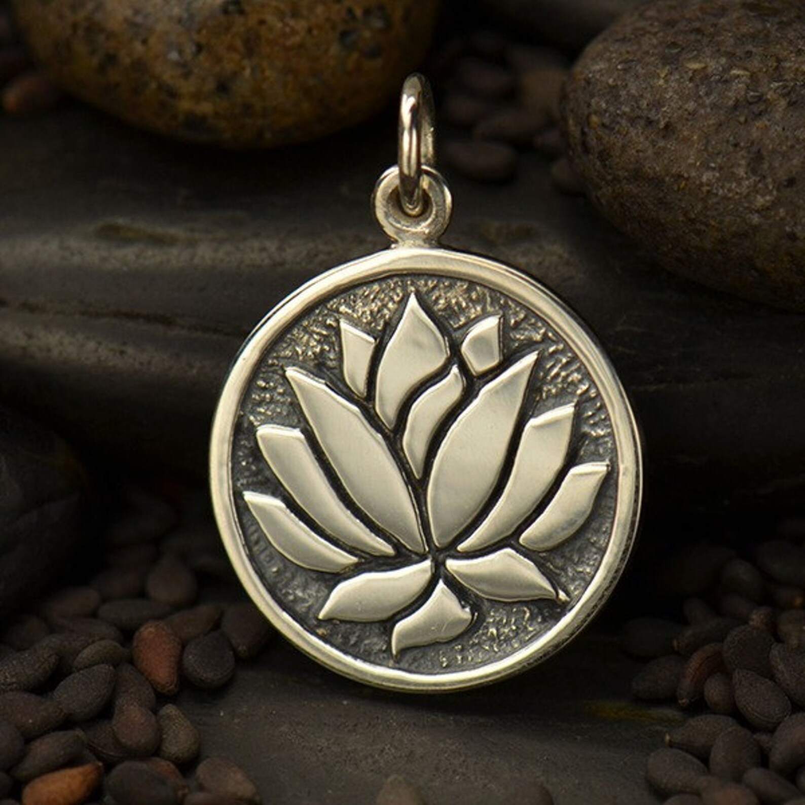 Sterling Silver Etched Lotus Flower Charm Etsy