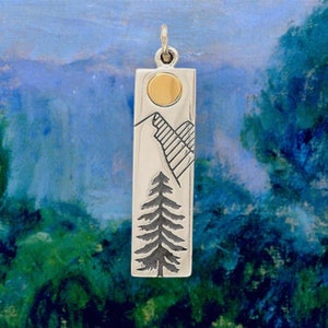 Sterling Silver Pine Tree Charm with Bronze Sun 31x7mm, Mountains, Nature Lover, Mountaineer, Pendant Jewelry, Craft Ideas
