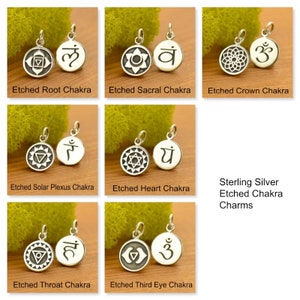 Sterling Silver Etched Chakra Charms, Yoga Charms, Birthday Gifts