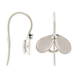 May include: Silver dangle earrings with a flower design. The flower has two petals and three small beads in the center.
